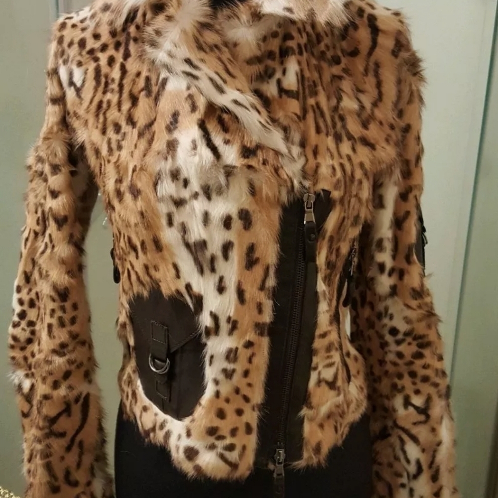 RIZAL Leopard Print Genuine Goat Fur Moto Jacket